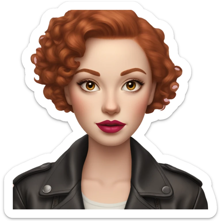 Girl with very pale skin, true red curly short hair with a side part, heavy cat-eye makeup, long eyelashes, bright pink blush and lipstick.  Her eyebrows are dark, arched and very high.  Hazel eyes. Big lips. Thin. Wearing a leather jacket  sticker