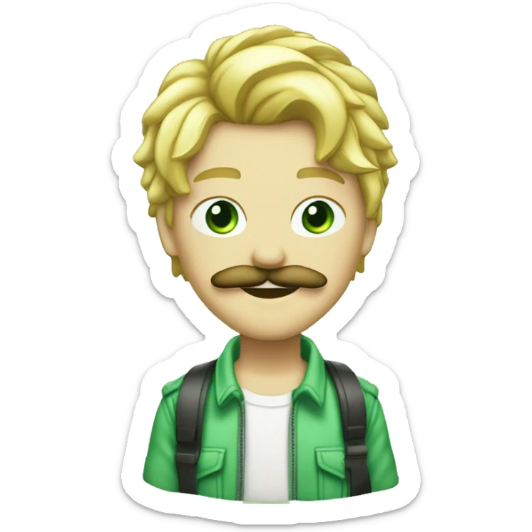 Jeune rappeur blond avec moustache et yeux vert cheuveux court qui chante avec un micro sticker