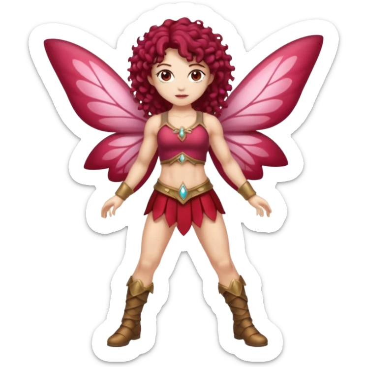 full body woman short curly brown mullet brown eyes white skin muscular build cranberry battle fairy sticker