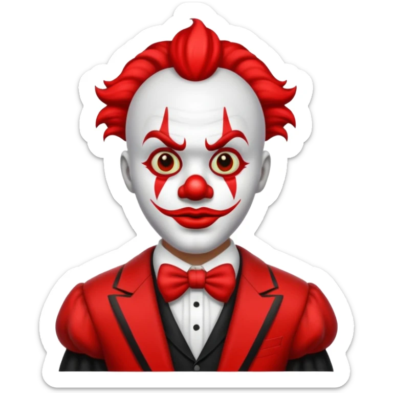 Crea un payaso con cara blanca sin pelo con cuernos negros y un traje rojo con negro sticker