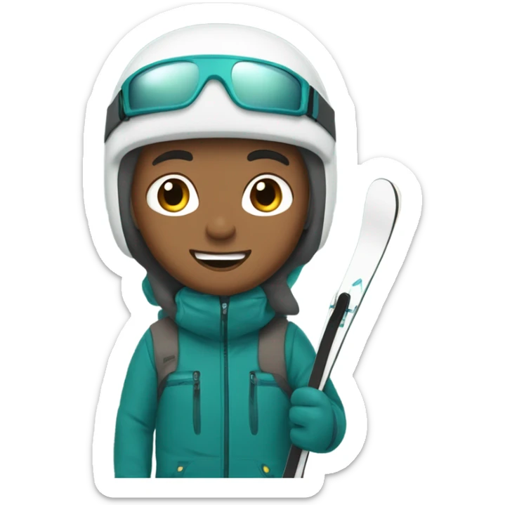Tan white Boy with wavy brown hair skiing on teal skis. He is wearing a gray coat and black snow pants  sticker