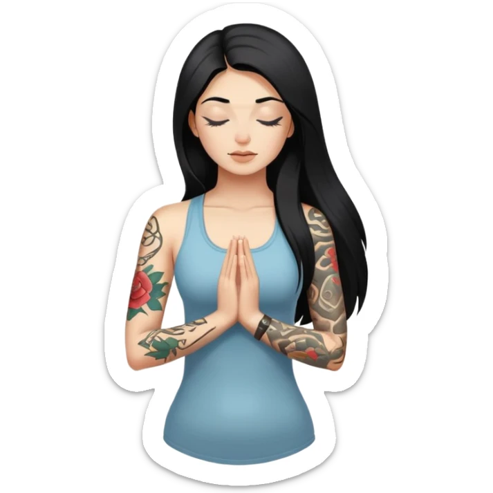 yoga girl long black hair and eyes closed and tattoos on her left arm  sticker