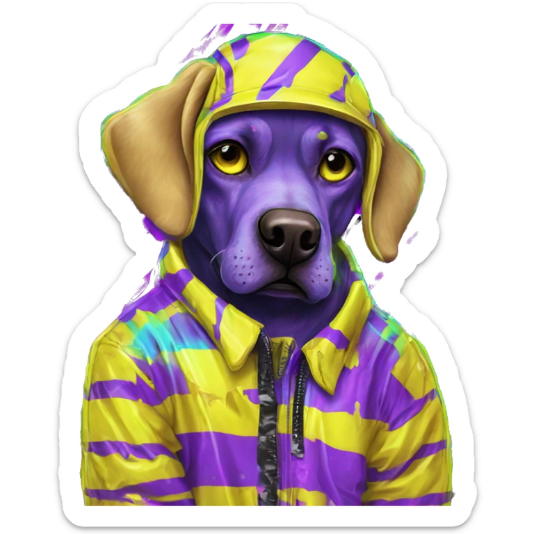 .Zombie_ Vaporwave black holographic oilslick zombie yellow Labrador zombie dog yellow caution tape graffiti stripes iridescent blue purple mane yellow stripes sticker