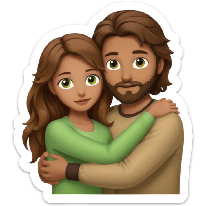 a man with  brown hair and brown beard with hazel eyes and a girl with long brown wavy hair with green eyes, togheter, with neutral clothes, hugged each other sticker