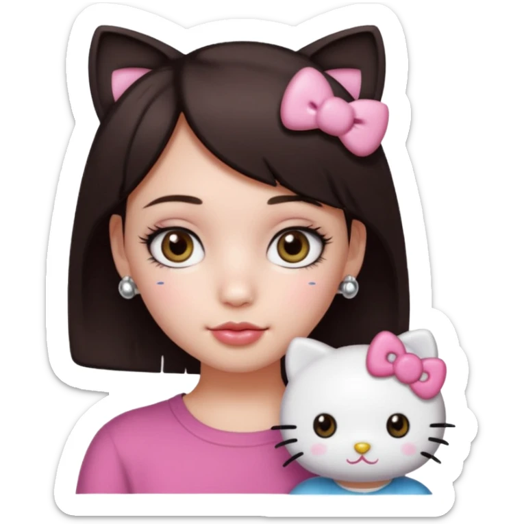 Chica con pelo corto y castaño oscuro, piel blanca, ojos hazel y pestañas largas, un piercing septum redondo pequeño y un filtro de hello kitty sticker