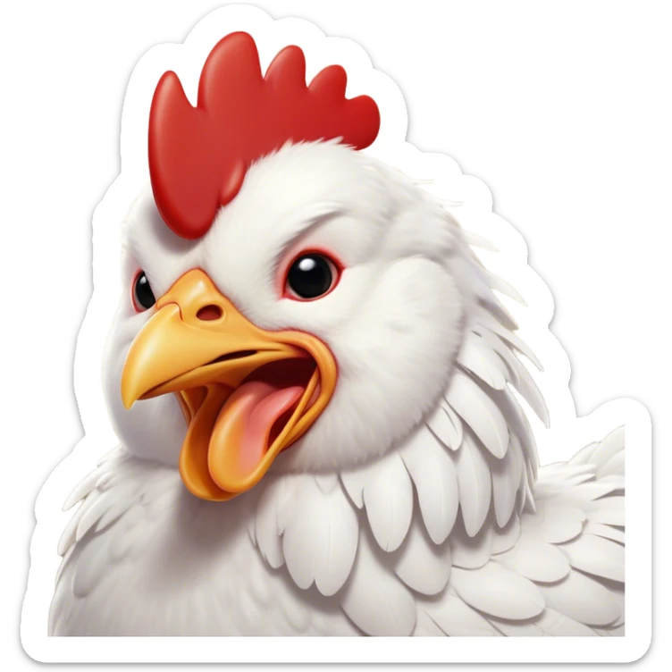 Cinematic Cute Yawning White Chicken Portrait Emoji, Head tilted slightly with a dramatic, wide-open yawn, showcasing a soft, fluffy white plumage with a crisp red comb and drooping wings, round beady eyes barely open in drowsy contentment, Simplified yet irresistibly adorable features, highly detailed, glowing with a soft, cozy glow, high shine, relaxed yet expressive, stylized with a touch of whimsy, bright and endearing, soft glowing outline, capturing the essence of a sleepy yet affectionate chicken, so drowsy it feels like it could stretch out of the screen and curl up for a nap! sticker
