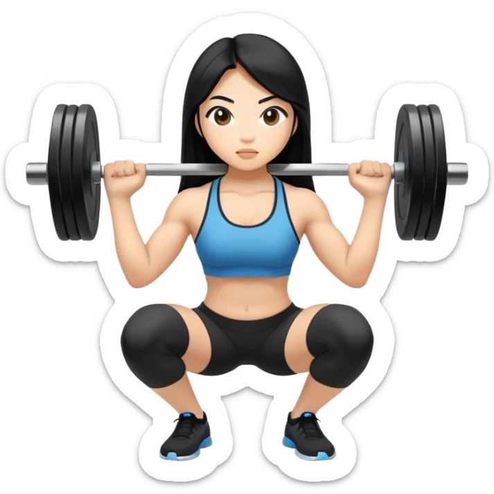 Asian girl with long black hair lifting weights and squatting  sticker
