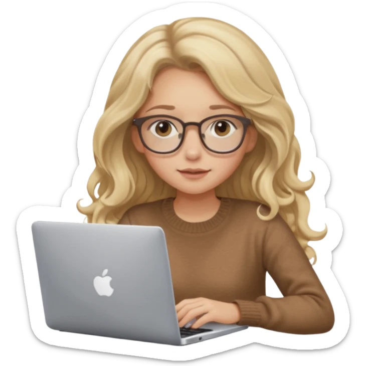blonde girl with long dark blonde wavy hair, pantos-style glasses, a brown sweater, sitting and looking in laptop, soft pastel, upper body shot sticker