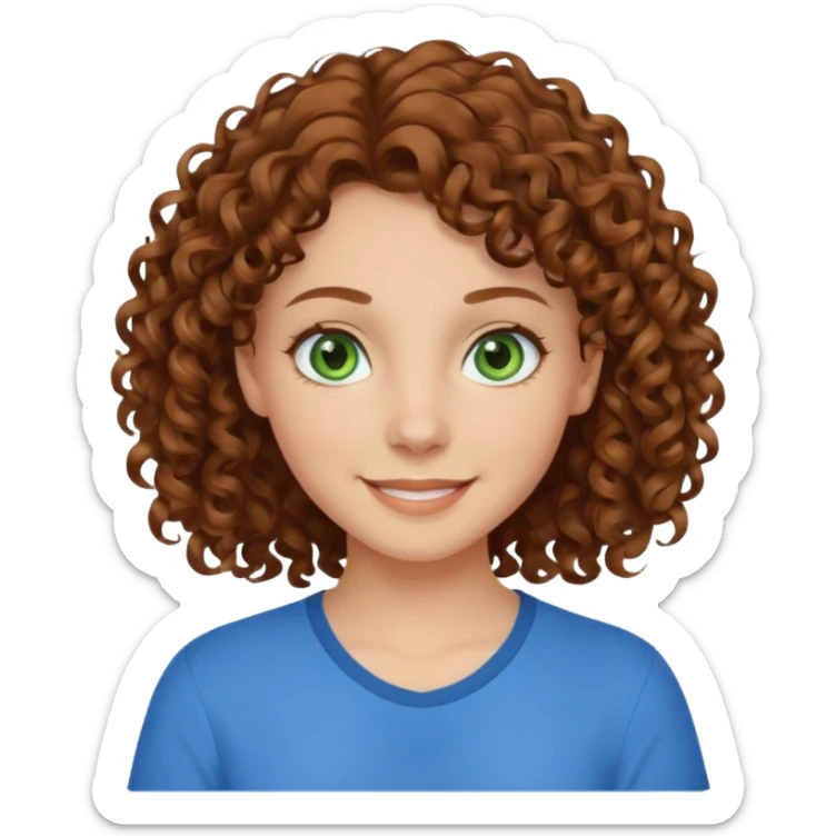 girl with brown hair, green eyes with a blue shirt no background ,young with curly hair smileing sticker