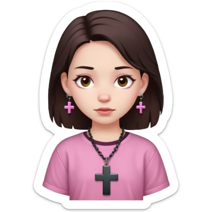 A girl with pale skin, a dark brown wolfcut,baggy pink shirt and cross earrings  sticker