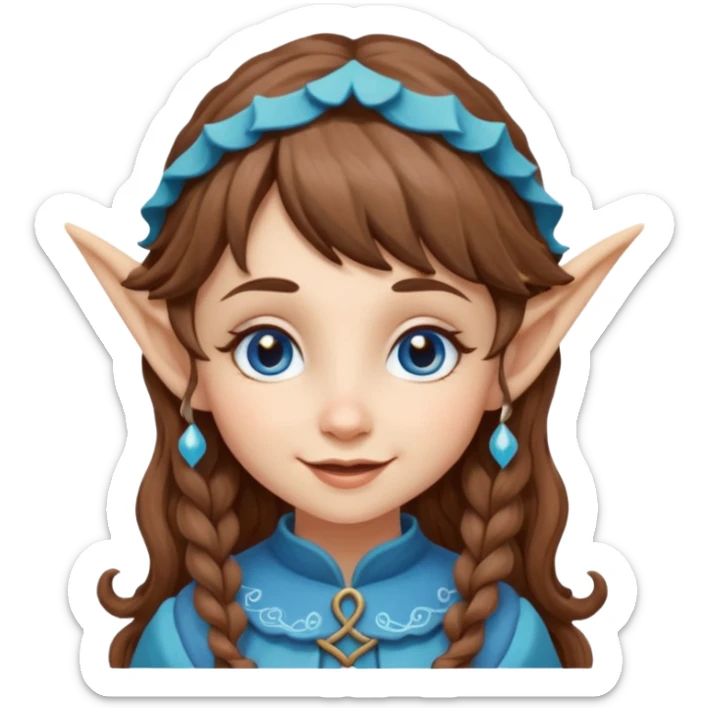 Kind happy whimsical quirky Girl toymaker, wood carving elf. Woodland creator. Blue eyes. brown hair (just below chin length) wavy hair & bangs. Whimsical playful cute sticker