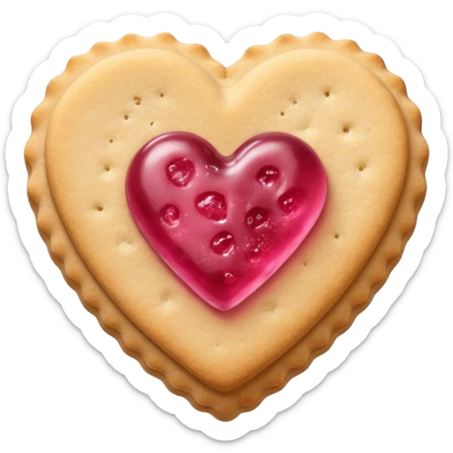 Realistic shortbread cookie in the shape of a heart with pink jelly sticker