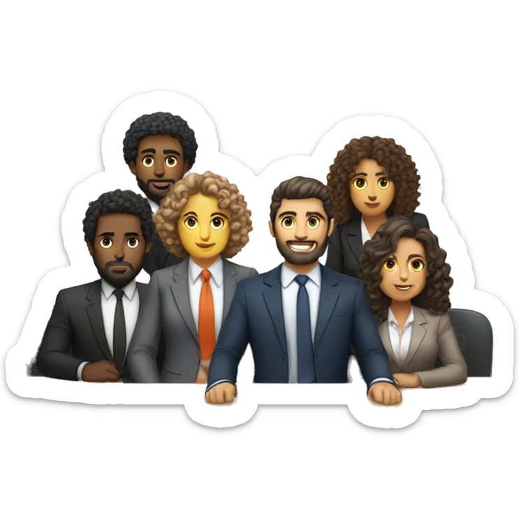 work meeting table 3 men and 4 women sitting on a table wearing suits the women have curly hair and one of the men is fat with a beard and of them is tanned with curly hair sticker