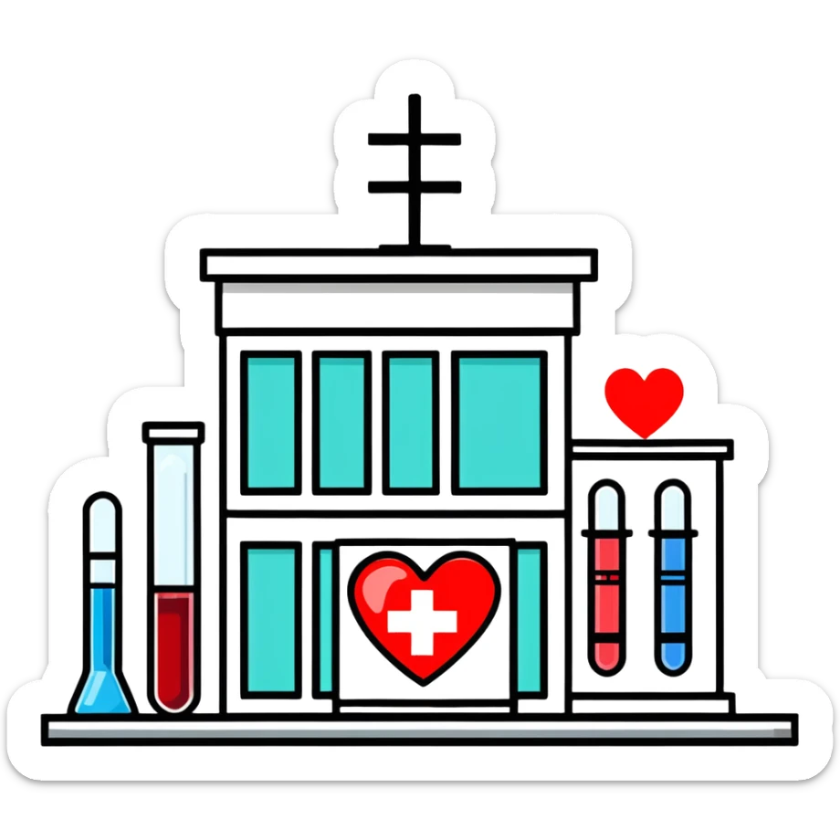Modern medical clinic building with red cross symbol, test tubes, and heart icon sticker