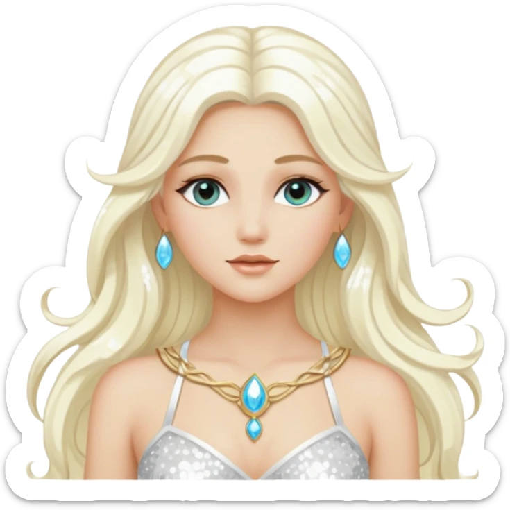 Aura, Goddess of Breeze from Gods and Goddesses with long platinum blonde hair, white sequin outfit sticker