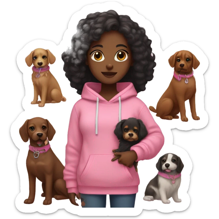 Black girl with long black hair in a pink hoodie holding a fluffy brown dog with a pink collar sticker