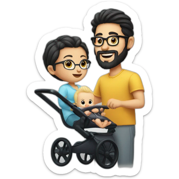 White man with Black hair,  beard and glasses pushing buggy with blonde baby sticker