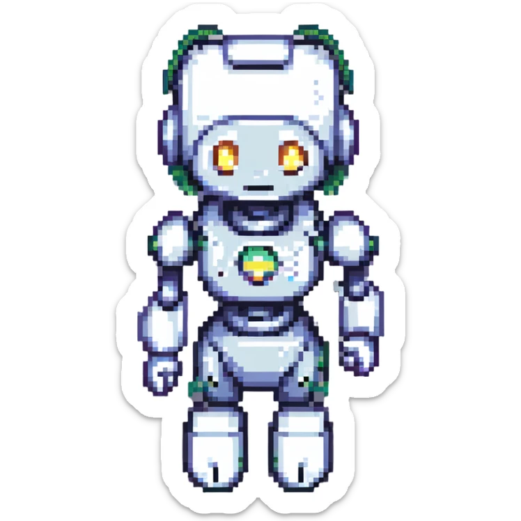 shoulders-up portrait of a cute female recruiter robot, 8-bit pixel art style, metallic, talking, one hand in the air, with long eyelashes sticker