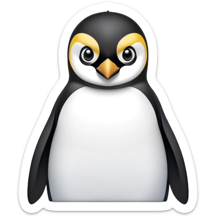 Cinematic Noble Emperor Penguin Portrait Emoji, Poised and regal, standing proudly on icy terrain with crisp black and white plumage and determined, deep-set eyes, Simplified yet sharp and sophisticated features, highly detailed, glowing with a soft, dignified polar glow, high shine, intelligent and stalwart, stylized with an air of imperial command, focused and resolute, soft glowing outline, capturing the essence of a watchful and confident arctic guardian that feels as though it could waddle out of the screen with effortless authority! sticker