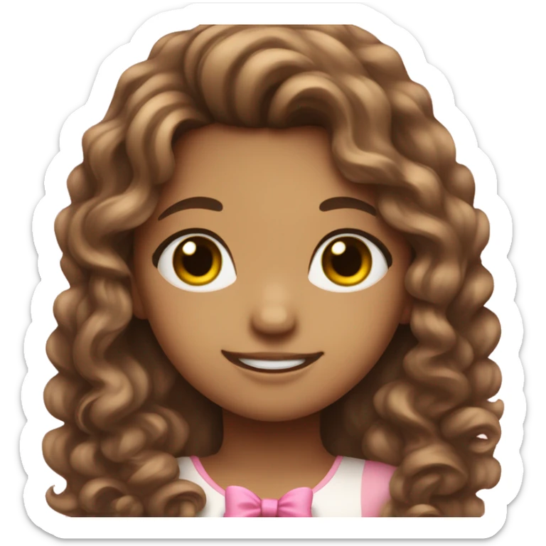 cute girl with long curly brown hair with pink bow in hair on the sideemoji sticker