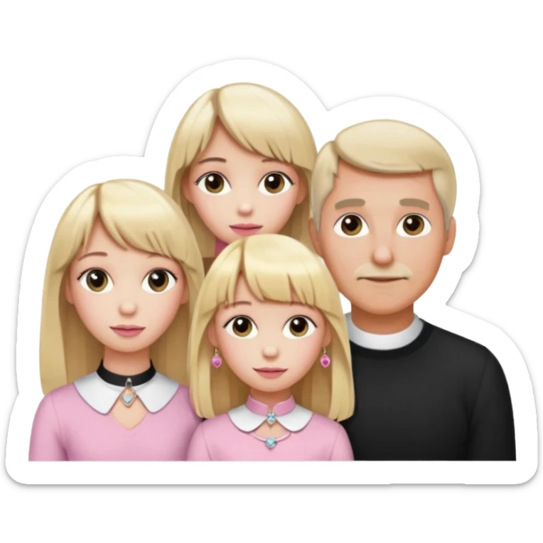 a family of three. daughter, mom and dad. long elegant blonde hair with bangs. almost female blonde boy femboy trap t-girl cute feminine makeup gay lingerie. skinny  body.   pink choker. whore hoop earrings. sticker