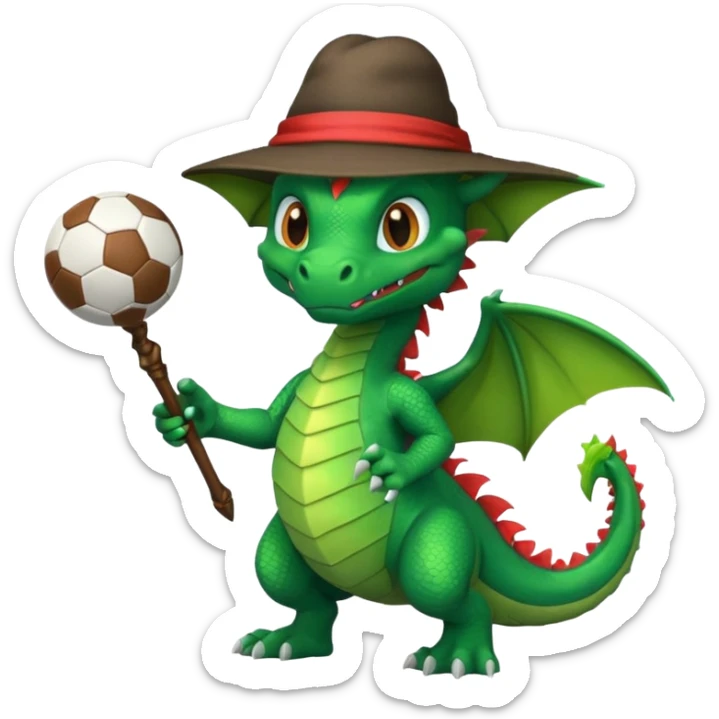 ein Drache mit einem Zauberstab in der Hand  und einen Hud  auf dem kopf,ein Fussball in der anderen hand sticker
