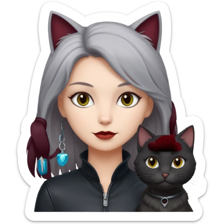 femme aux yeux gris, cheveux court bordeaux avec cuir noir, accompagné d'un chat poils longs gris clair et d'un chat poils ras noirs sticker