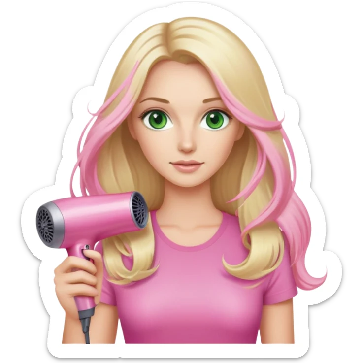blonde with long hair, green eyes, holding pink Dyson hair dryer sticker