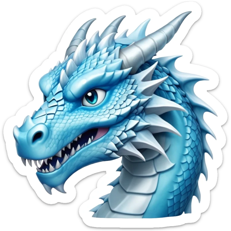 Cinematic Noble Fierce Ice Dragon Portrait Emoji, Poised and imposing, with a muscular, long elegant snout, scaled body shimmering in glacial hues of icy blue, frostbitten silver, and crystalline white, breathing out frost, with piercing, glowing eyes that radiate the chilling depths of an arctic storm; rendered in detail. sticker