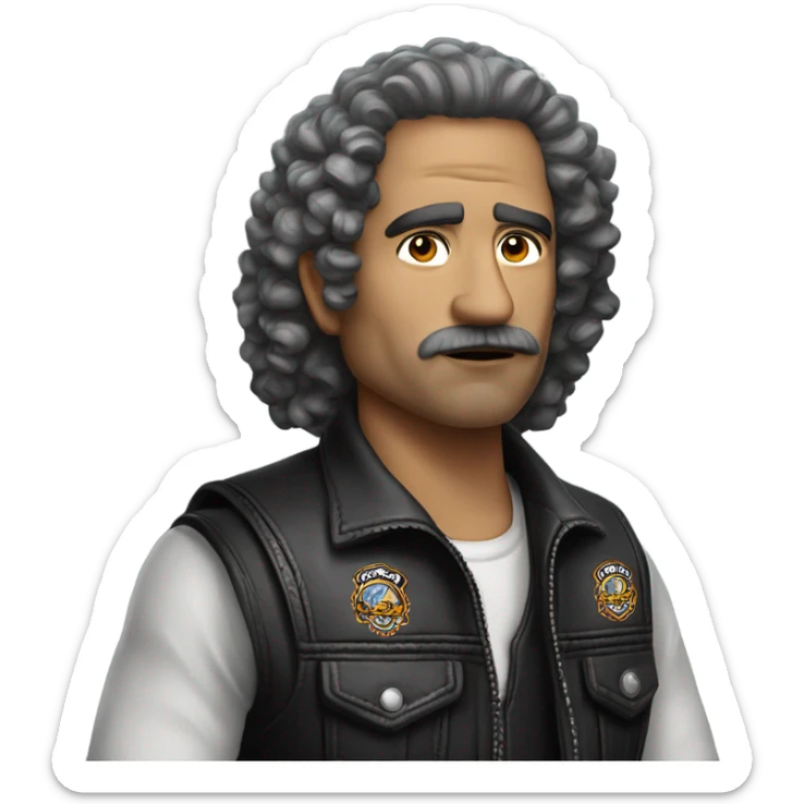 A middle-aged Mexican with curly hair. Wearing the vest of the Chosen Few motorcycle club sticker