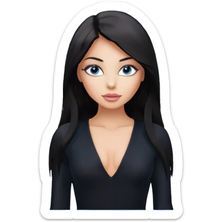 Glamours, tanned, beautiful, girl, with blue eyes, big pump peach-beige-rose lips, eyeliner, long lashes, black straight smooth silky long hair, parting hair in the middle,  in black v-neck bodysuit long sleeves sticker