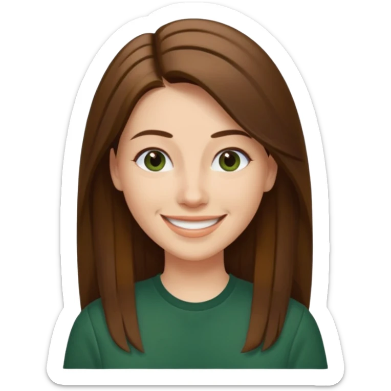 30 yr Caucasian woman long brown straight hair parted on side dark green shirt big smile sticker