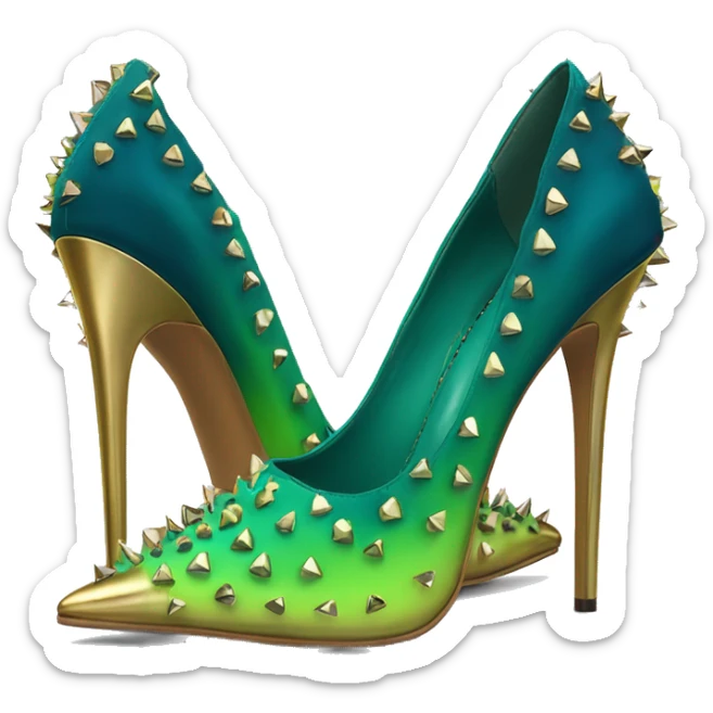 Hyper-realistic top front view of a pair of lime green to dark teal blue ombre pointed toe high heels with gold studs over them. sticker