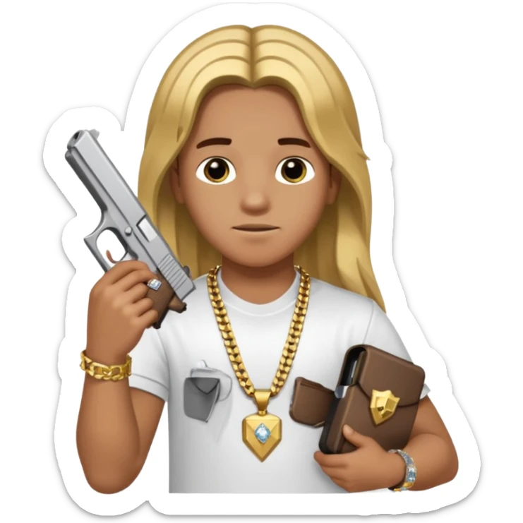 kid with long hair holding a glock, wearing a diamond grill and a 24 karat gold chain sticker
