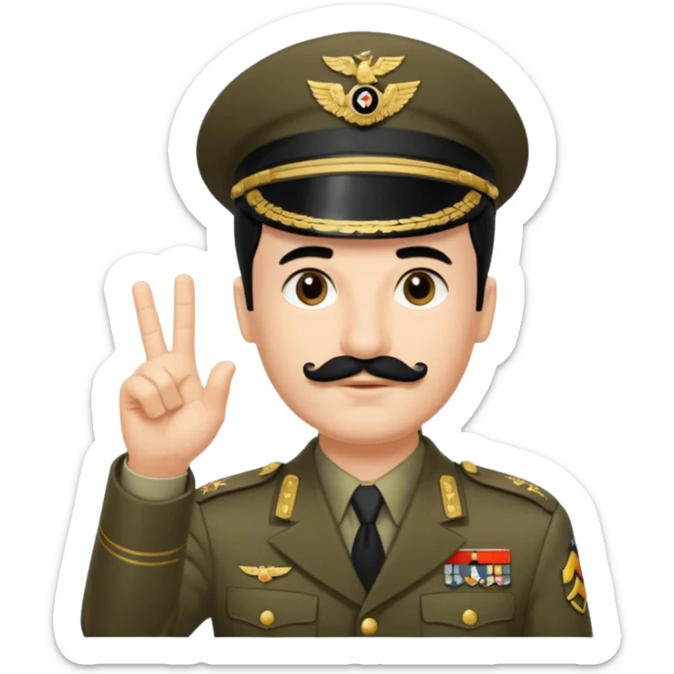 A man in German World war 2 in uniform have his arm extended outward with his fingers strait and outward. He has black hair in a side part, mid 50’s and has a small square mustache sticker