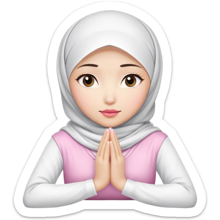 A white Asian woman, white hijab women are listening with her hands folded on the table. her lips is pink. her outfit & hijab color is white. Her fingers are 10. sticker