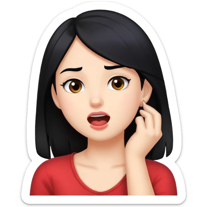 Girl with black hair biting her lip with pushing hair behind her ear  sticker