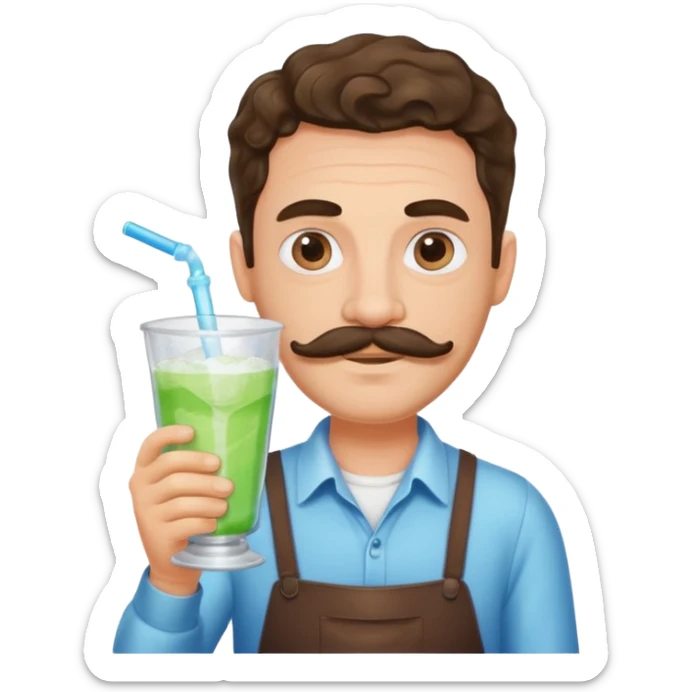 Good looking jewish man with mustache and wavy middle part hair holding a slushy in a yard glass sticker
