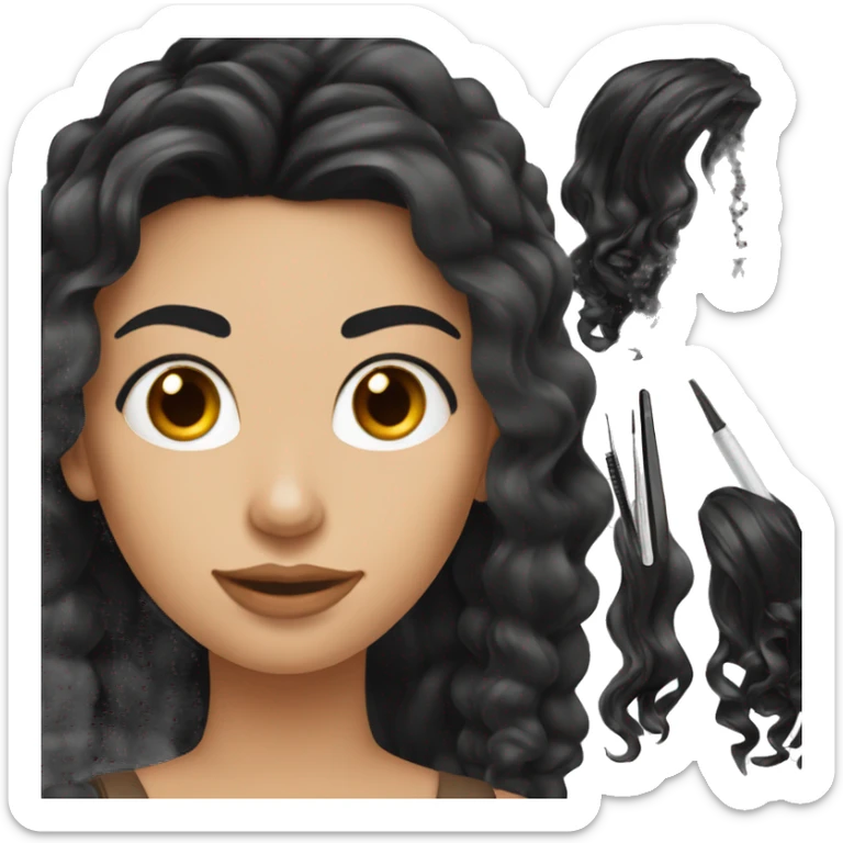 eyebrow styling holding tweezers this woman has long black wavy hair and white skin sticker