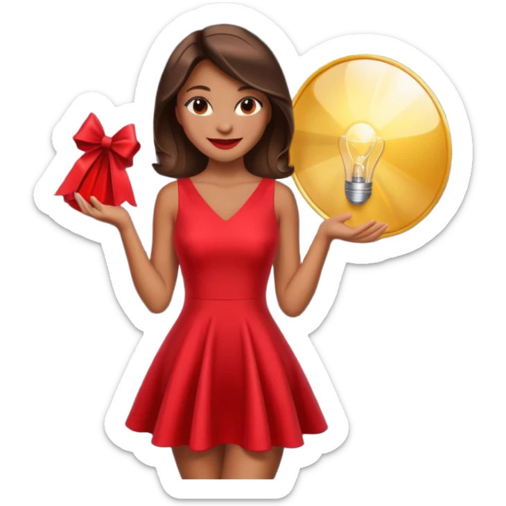 Glam girl under a soft spotlight posing with a shiny stylish dress, confident smile — picks the boldest deal sticker