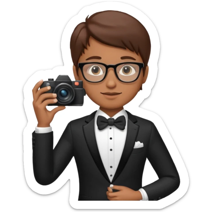 Un fotógrafo con pelo moreno, gafas, cámara en la mano derecha, fotografiando una boda sticker
