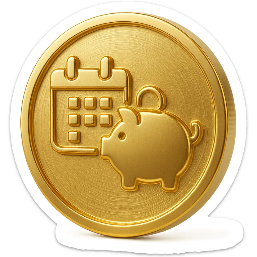 gold coin with a calendar and a piggy bank, representing weekly saving, clean modern icon style sticker