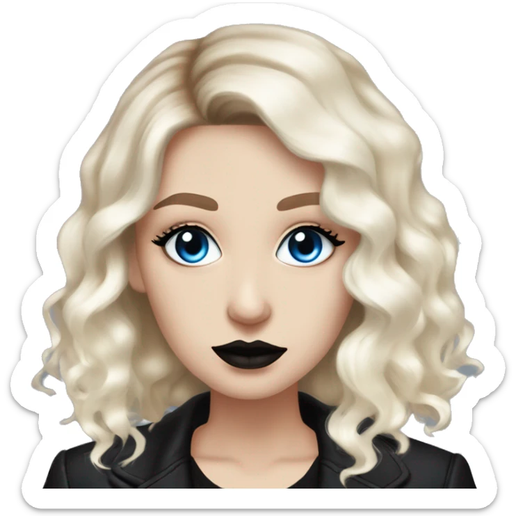 Slavic adult woman, goth eyes makeup, pink lips, blue eyes, medium bob black-to-blonde ombre wavy hair, white T-shirt and black office jacket. sticker