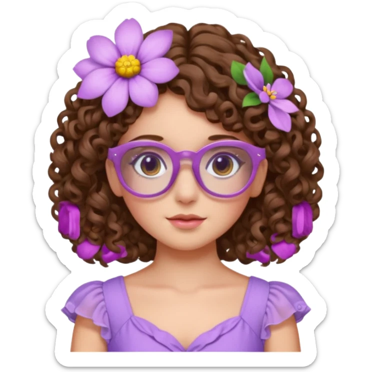 Menina branca de cabelo cachado castanho partido de lado com uma flor no cabelo  e vestido lilás com um óculos rosa claro sticker