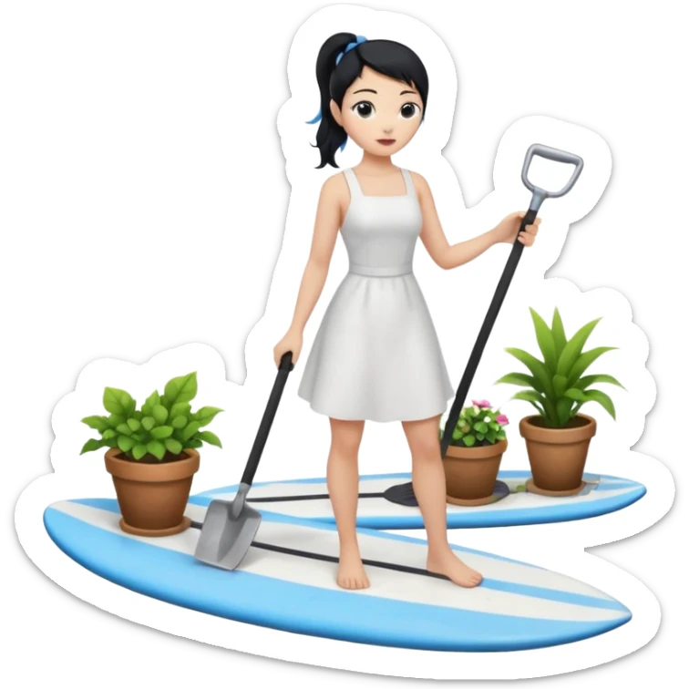 Princess who wearing white dress (woman) black ponytail hair holding her cellphone and  one garden iron shovel with another hand. there is one blue surfing board under her feet. She is looking at her phone. sticker