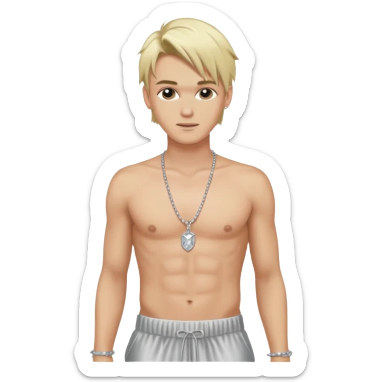 Aaron Carter with blonde hair, silver silk baggy pants, shirtless with necklace  sticker
