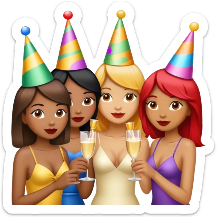 1 light brown girl, 1 dark brown girl, 1 asian girl, partying sticker
