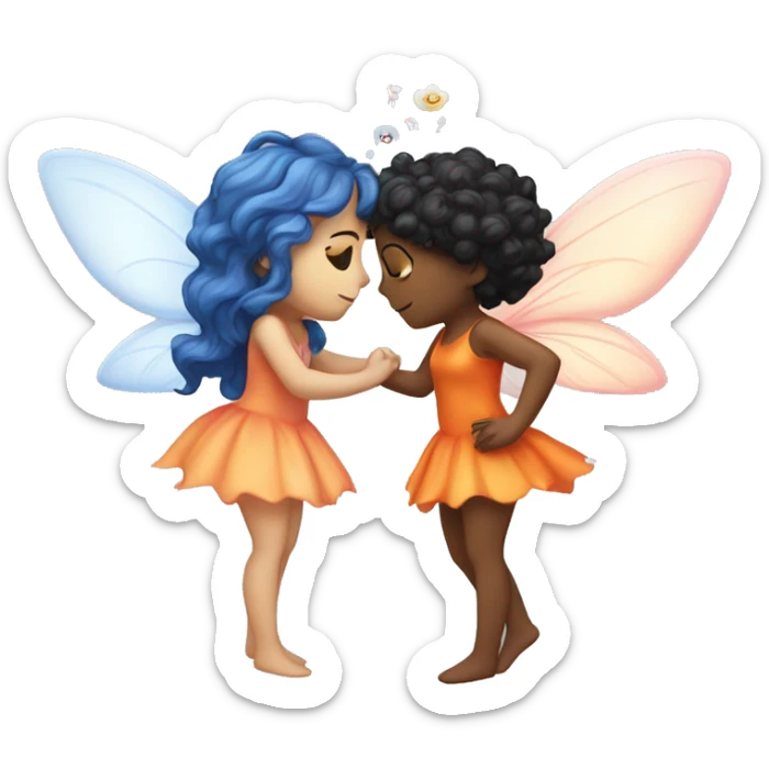 two fairies kissing, one is pale white and has a pink dress and her hair is orange, and other is with curly black hair and a blue dress sticker