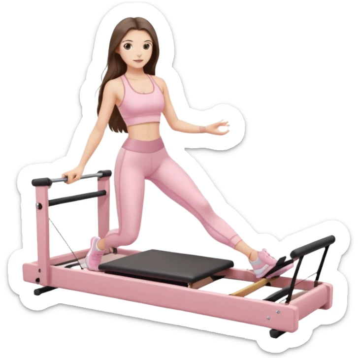 pretty white brunette teen long hair with hazel eyes and a small waist in light pink workout clothes on a pilates reformer sticker
