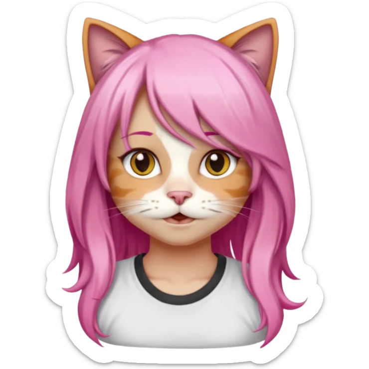 calico cat wear long pink hair wig, white T-shirt sticker